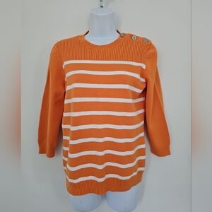 LRL Ralph Lauren Orange Striped Pullover Sweater Medium Button Detail Shoulder